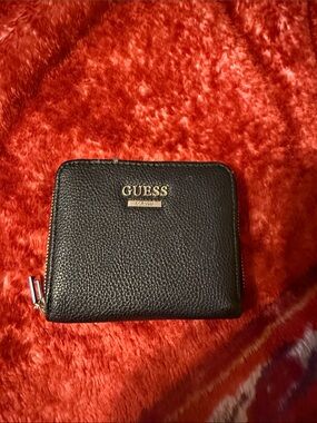 GUESS Black Pebbled Zip-Around Wallet with Gold Logo